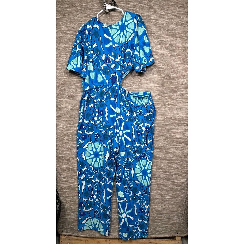 Rhode Jumpsuit Womens 1X Blue Floral Cutout Waist Short Sleeve Wide Leg Casual - Picture 4 of 13